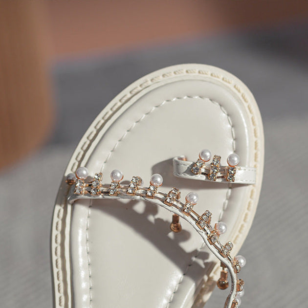 Women's Pearl Rhinestone Embellished Bohemian Flat Sandals