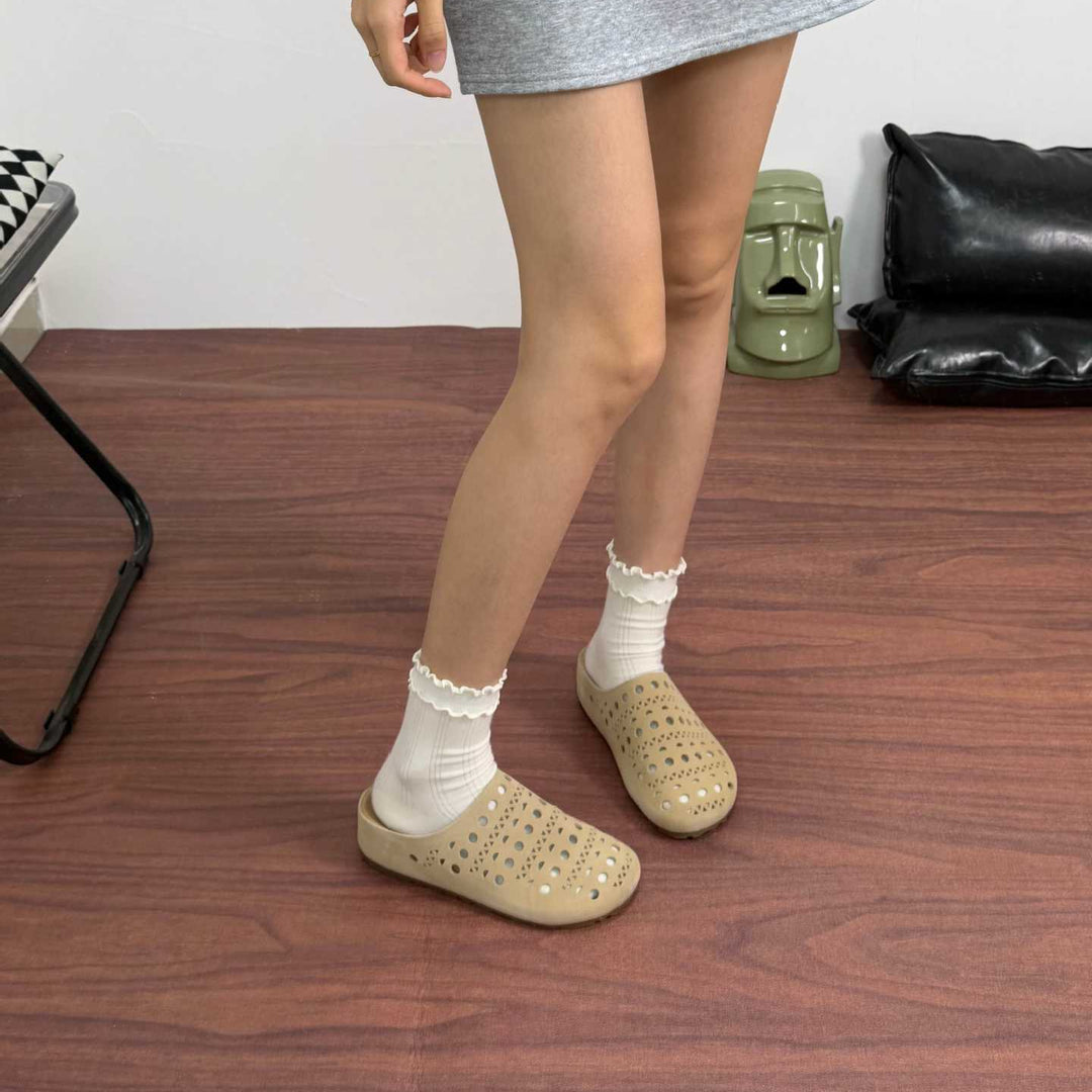 Women's Platform Leather Clogs Perforated Hollow-Out Mules Barefoot-Friendly Slippers