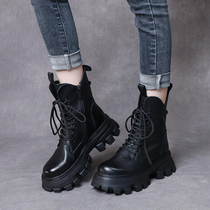 Women's Chunky Sole Combat Boots – Genuine Leather Lace-Up Ankle Boots