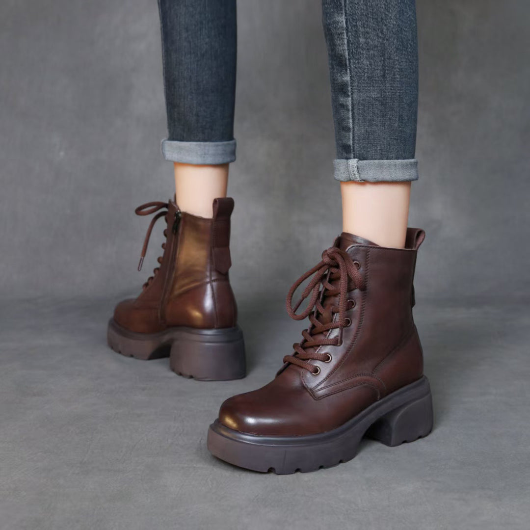 Women's Top-Grain Leather Ankle Boots Chunky Platform Block Heel Combat Booties