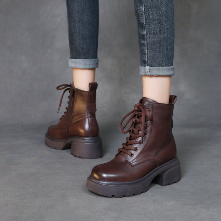 Women's Top-Grain Leather Ankle Boots Chunky Platform Block Heel Combat Booties