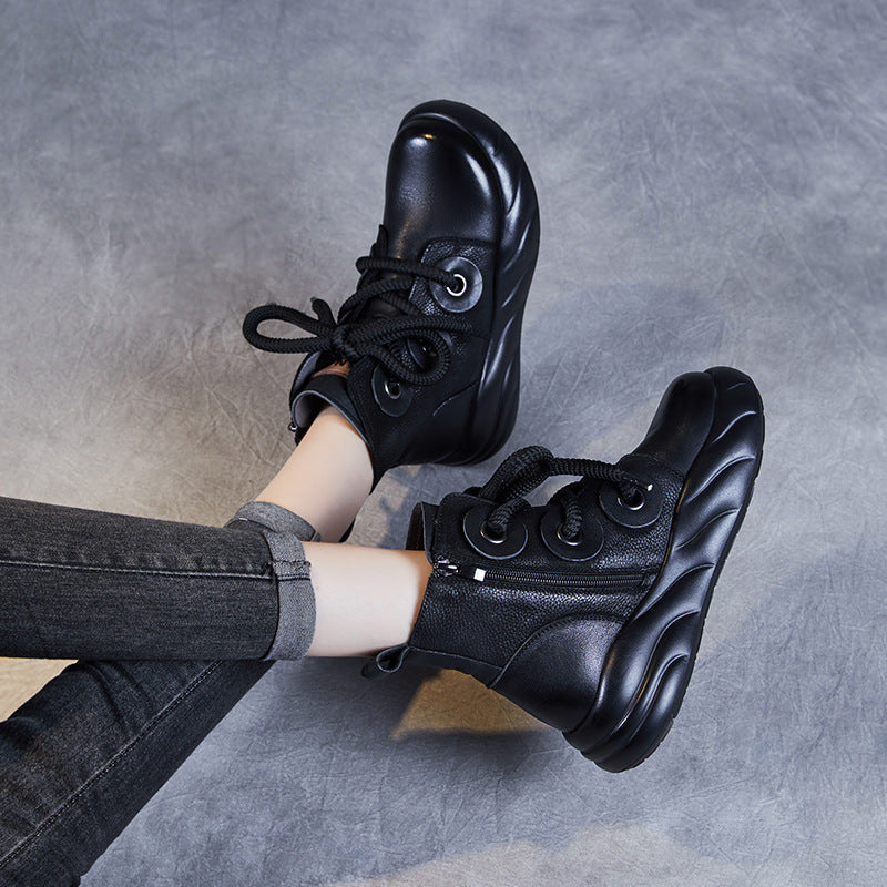 Women's Genuine Leather Lace-Up Ankle Boots – Casual Platform Chunky Sole