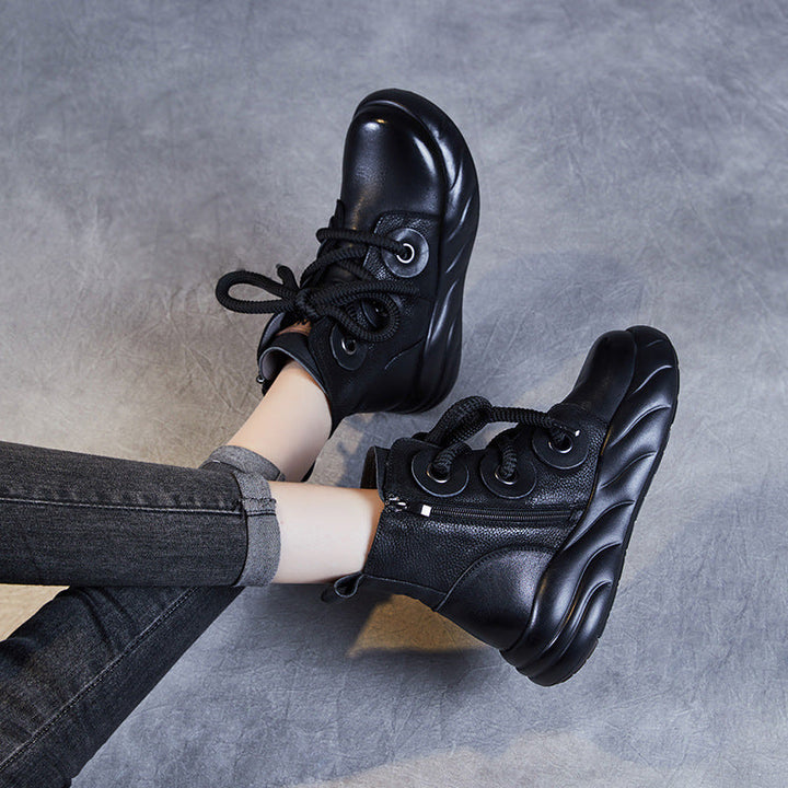 Women's Genuine Leather Lace-Up Ankle Boots – Casual Platform Chunky Sole