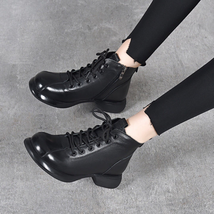 Women’s Vintage Leather Lace-Up Ankle Boots – Mid Heel Side Zip Design