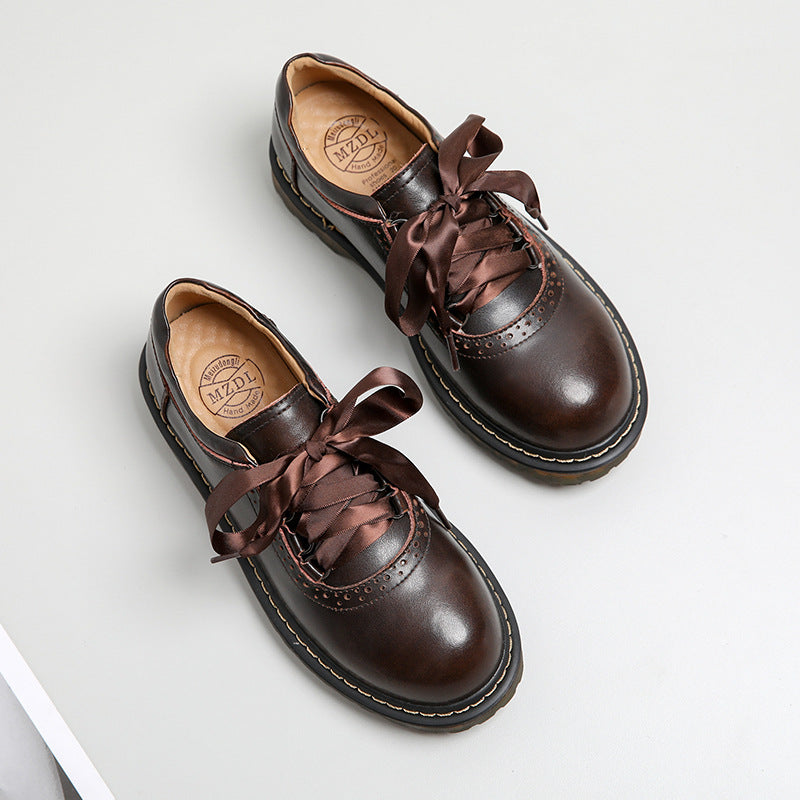 Womens Round Toe Retro Ribbon Lace Up Oxford Shoes - Flats