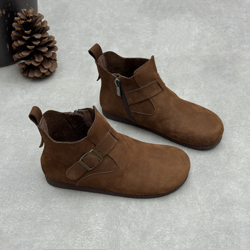 Women's Vintage Top-Grain Leather Ankle Boots Slip On Buckle Strap Flat Booties
