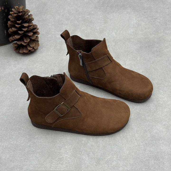 Women's Vintage Top-Grain Leather Ankle Boots Slip On Buckle Strap Flat Booties