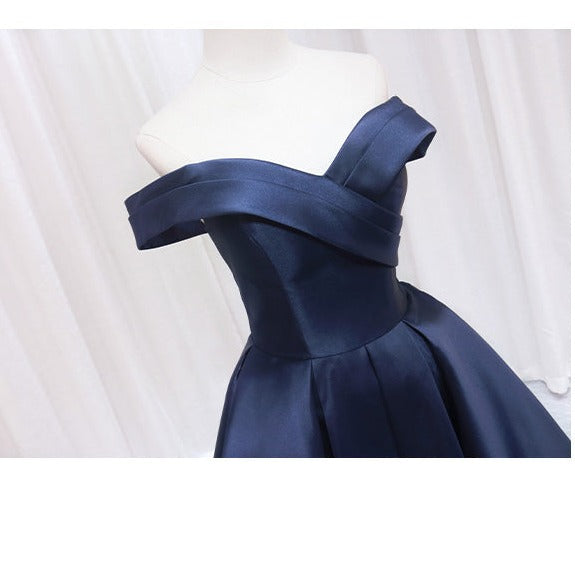 Navy Pleated Satin Homecoming Dress With Off Shoulder
