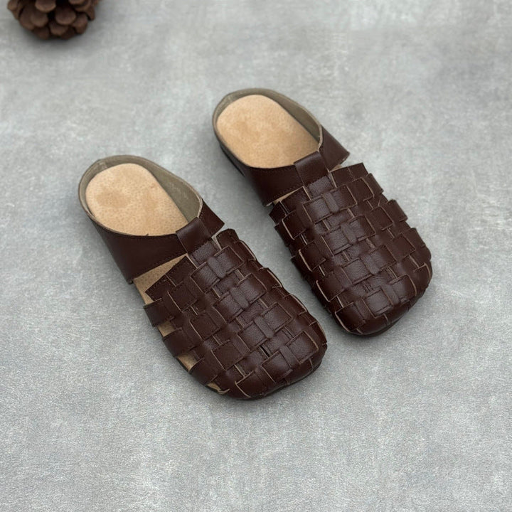 Women's Artisanal Square Toe Leather Woven Mules - Lightweight Unlined Flats