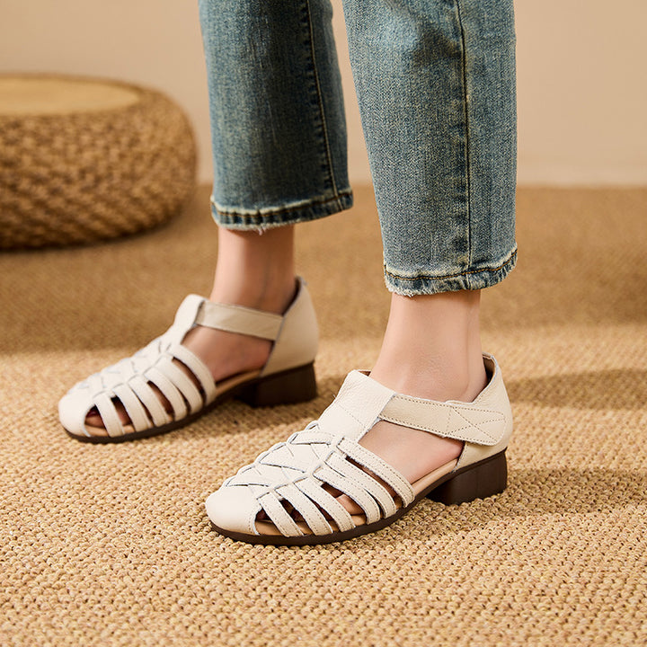 Women's Low Block Heel Fisherman Sandals Velcro Retro Gladiator Woven Strappy Shoes