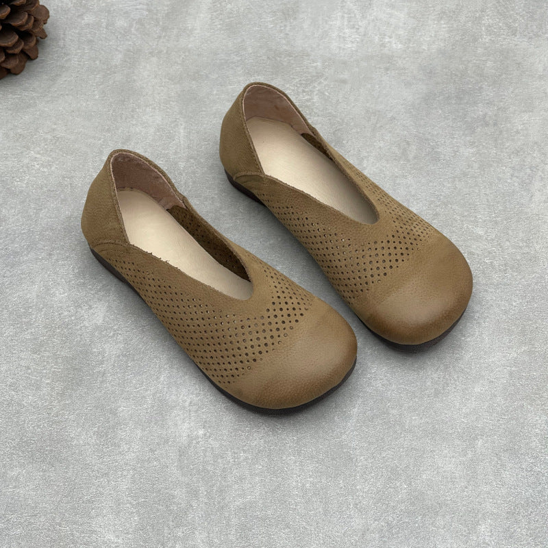 Women's Leather Perforated Loafers Retro V-Neck Slip-On Flats Ballet Flats Vintage Casual Summer Shoes