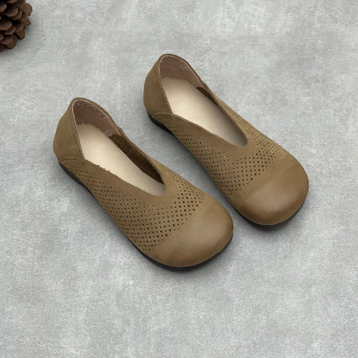 Women's Leather Perforated Loafers Retro V-Neck Slip-On Flats Ballet Flats Vintage Casual Summer Shoes