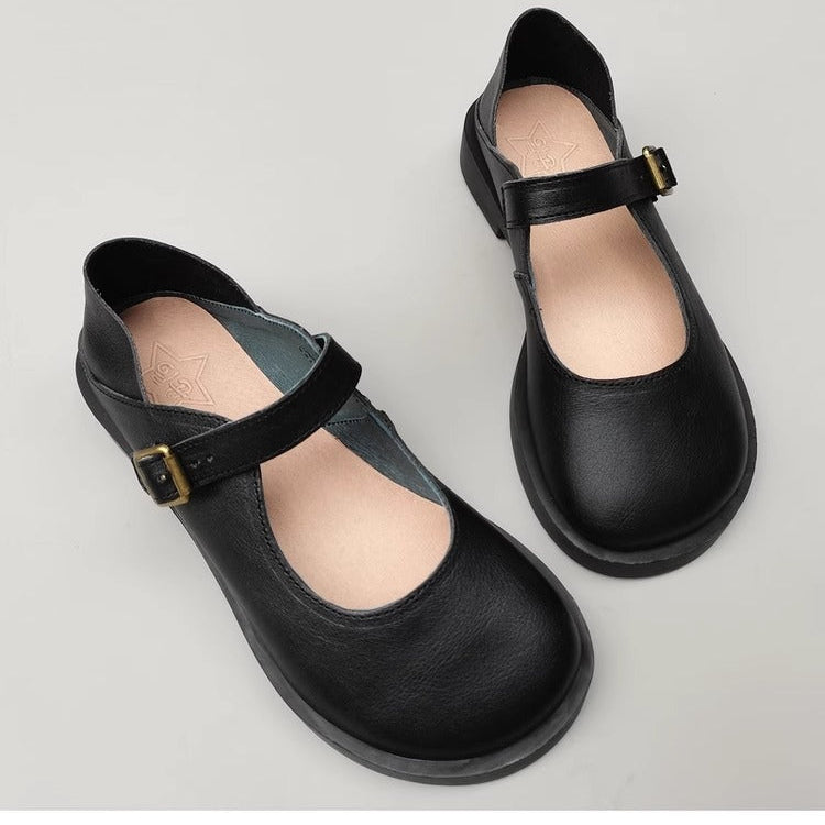 Wide Toe Box Daily Cute Genuine Leather Mary Jane Round Toe Flat Uniform Shoes