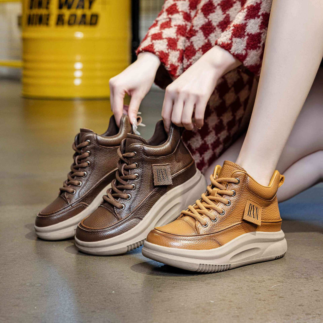 Women's Leather Lace-up Casual Platform Walking Shoes High-top Sneakers