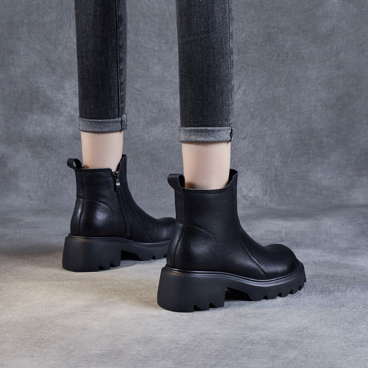 Women's Leather Ankle Boots – Platform Chunky Mid Heel with Side Zipper