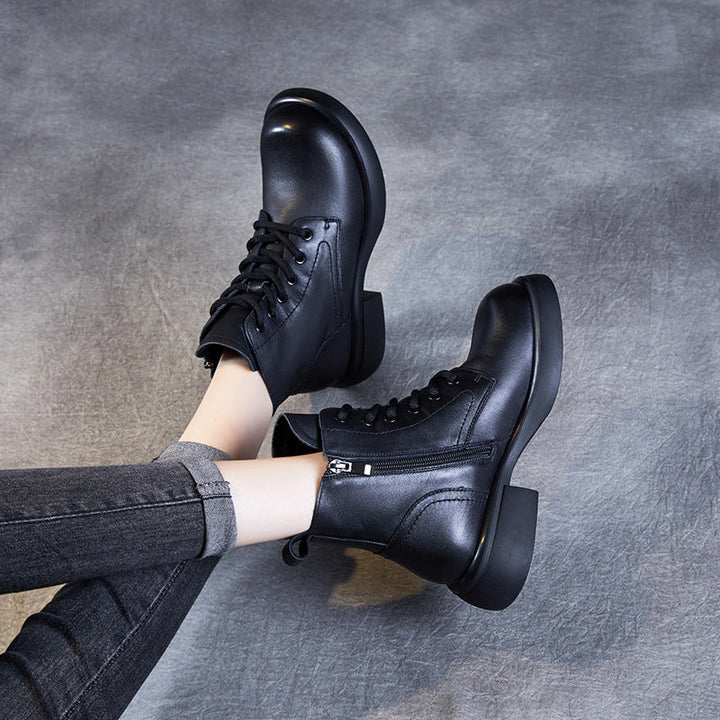 Women's Genuine Leather Lace-Up Side Zip Ankle Boots – Casual & Versatile