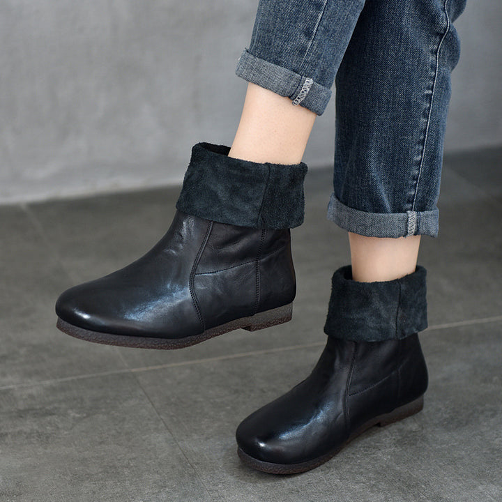Women's Leather Round-Toe Calf Boots – Casual Comfortable Shoes