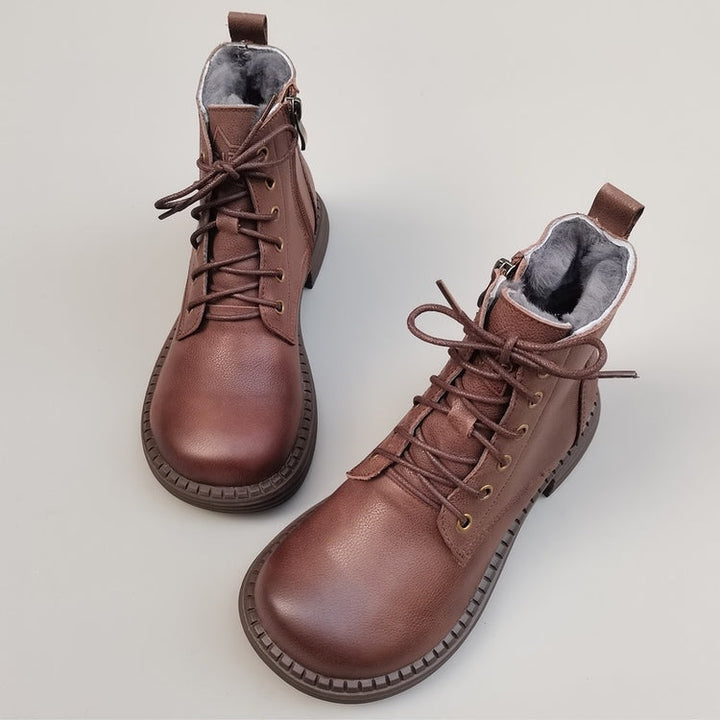 Women's Vintage Wide Toe Leather Shearling Boots – Cozy Winter Ankle Style