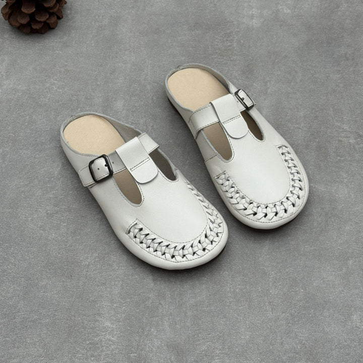 Women's T-Strap Leather Mules Retro Woven Perforated Clogs Barefoot-Friendly Casual Summer Flats