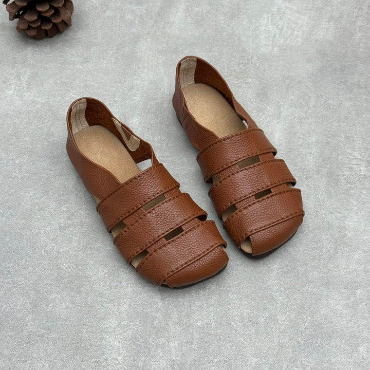 Women's Leather Hollow-Out Fisherman Sandals Casual Summer Retro Square Toe Shoes