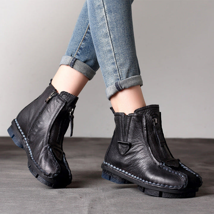 Women's Retro Leather Short Boots – Handmade Stitch Detail & Side Zipper