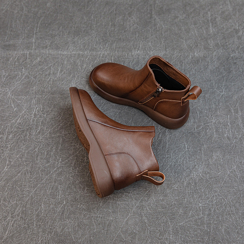 Women's Comfortable Leather Ankle Boots – Low Heel with Side Zipper