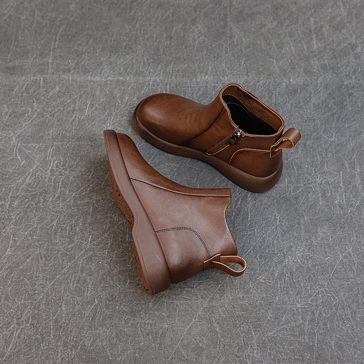 Women's Comfortable Leather Ankle Boots – Low Heel with Side Zipper
