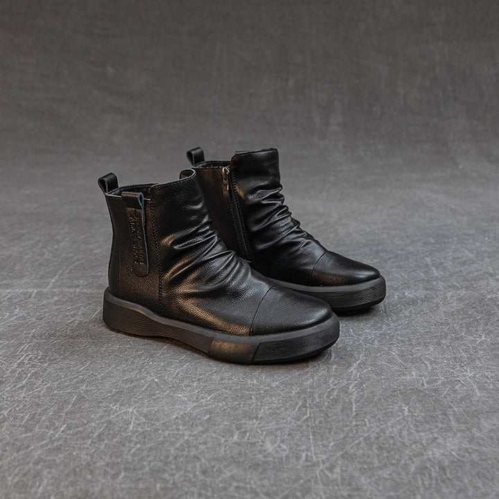 Comfortable Women's Flat Leather Boots – Casual Ruched Ankle Style