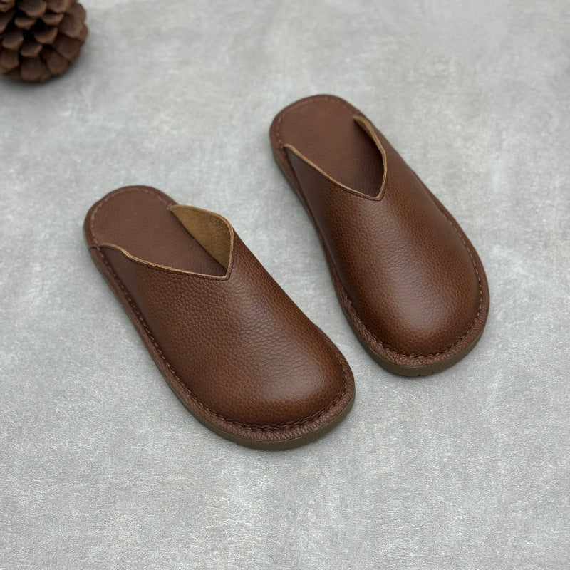 Minimalist V-Cut Cowhide Summer Mules Women's Leather Zen Flat Summer Slides