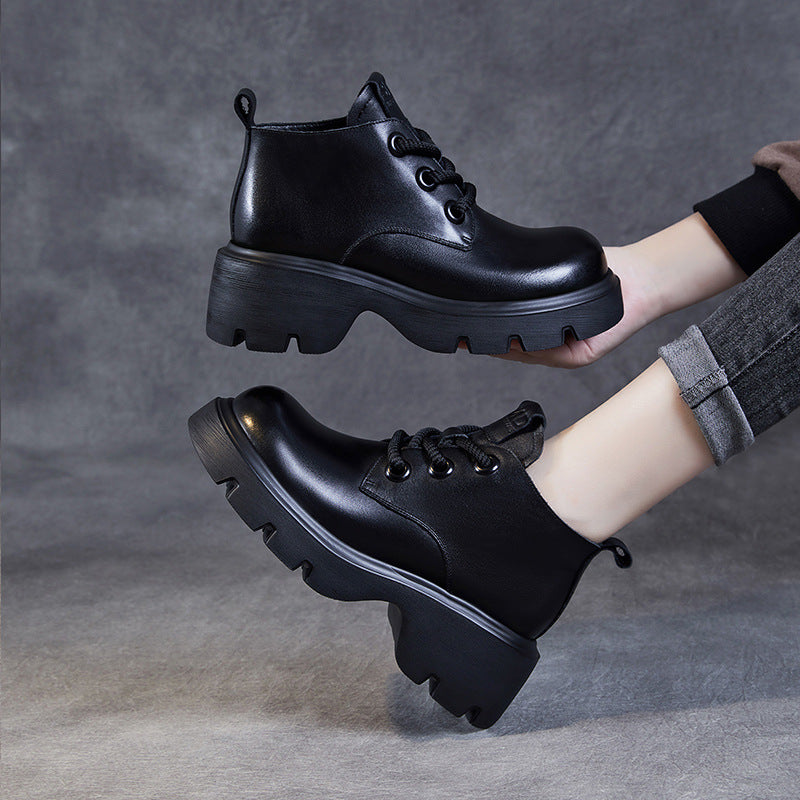 Women's Retro Genuine Leather Platform Lace-Up Chunky Boots