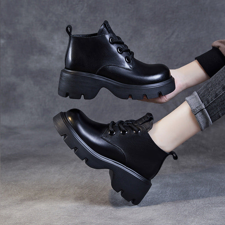 Women's Retro Genuine Leather Platform Lace-Up Chunky Boots