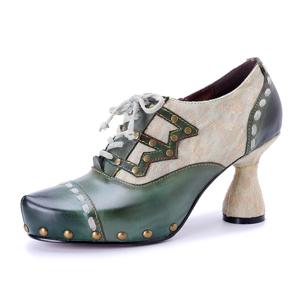 Vintage Inspired Leather Heeled Oxfords for Women - Studded Pointed Toe Lace-up Shoes