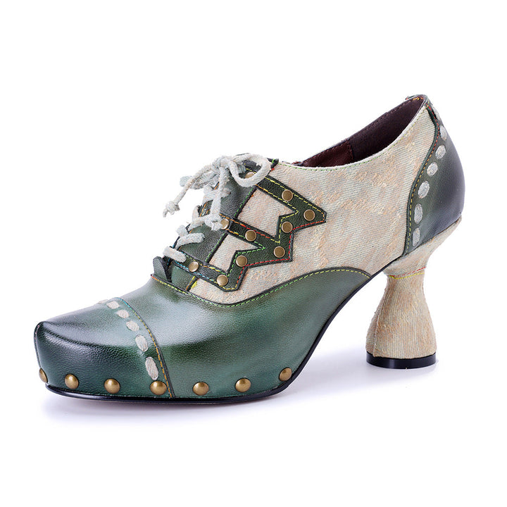 Vintage Inspired Leather Heeled Oxfords for Women - Studded Pointed Toe Lace-up Shoes