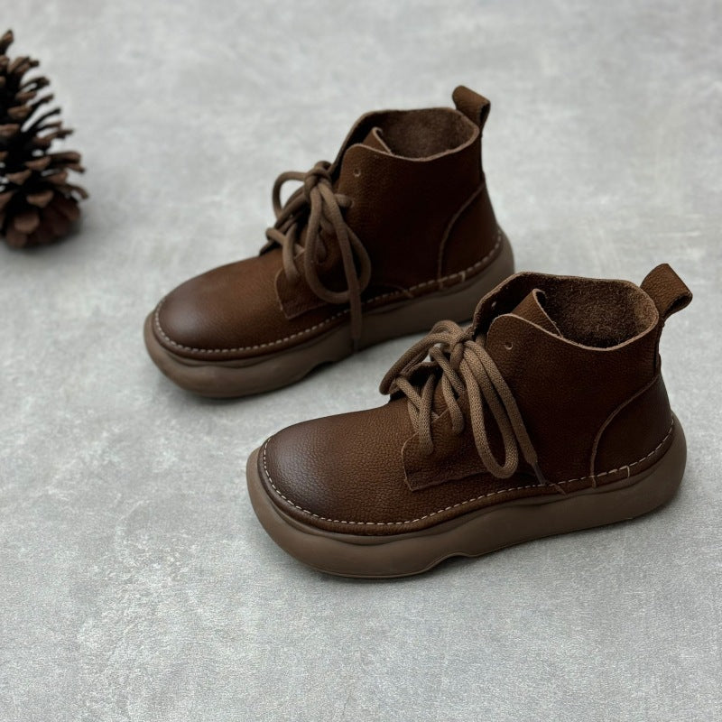 Retro Style Women's Soft Leather Ankle Boots – Platform Lace-Up Short Boots