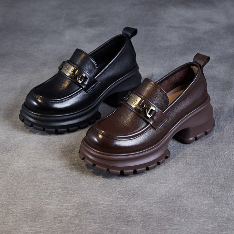 Women's Genuine Leather Platform Loafers - Chunky Heel with Metallic Hardware Details