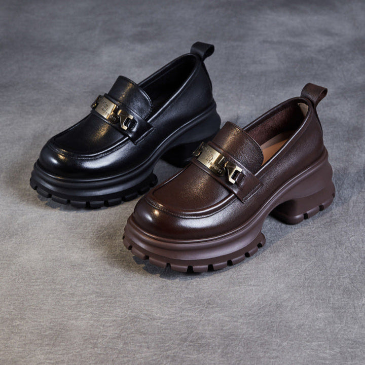Women's Genuine Leather Platform Loafers - Chunky Heel with Metallic Hardware Details