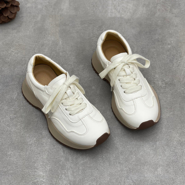 Women’s Retro Leather Chunky Dad Trainers – Round Toe Lace-Up Casual Sneakers