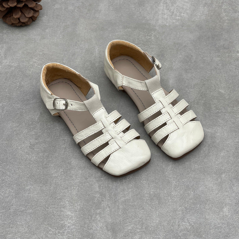 Women's Genuine Leather T-Strap Mary Jane Sandals Retro Square Toe Flats