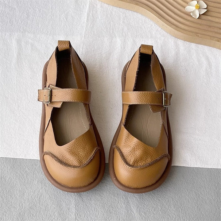 Women's Soft Leather Flat Mary Jane Shoes – Round Toe with Patchwork Design