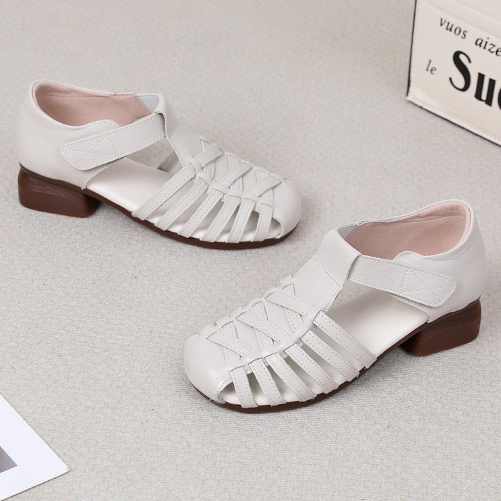 Women's Leather Fisherman Sandals - Vintage Interlocking Woven Closed Round Toe with Velcro