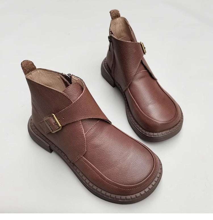 Genuine Leather Women's Ankle Boots - Big Toe Box Platform Work Boots