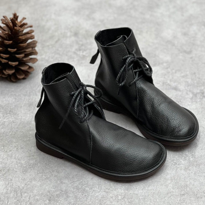 Handmade Women Tie Ankle Boots Comfortable Soft Leather Wide Toe Box Boots
