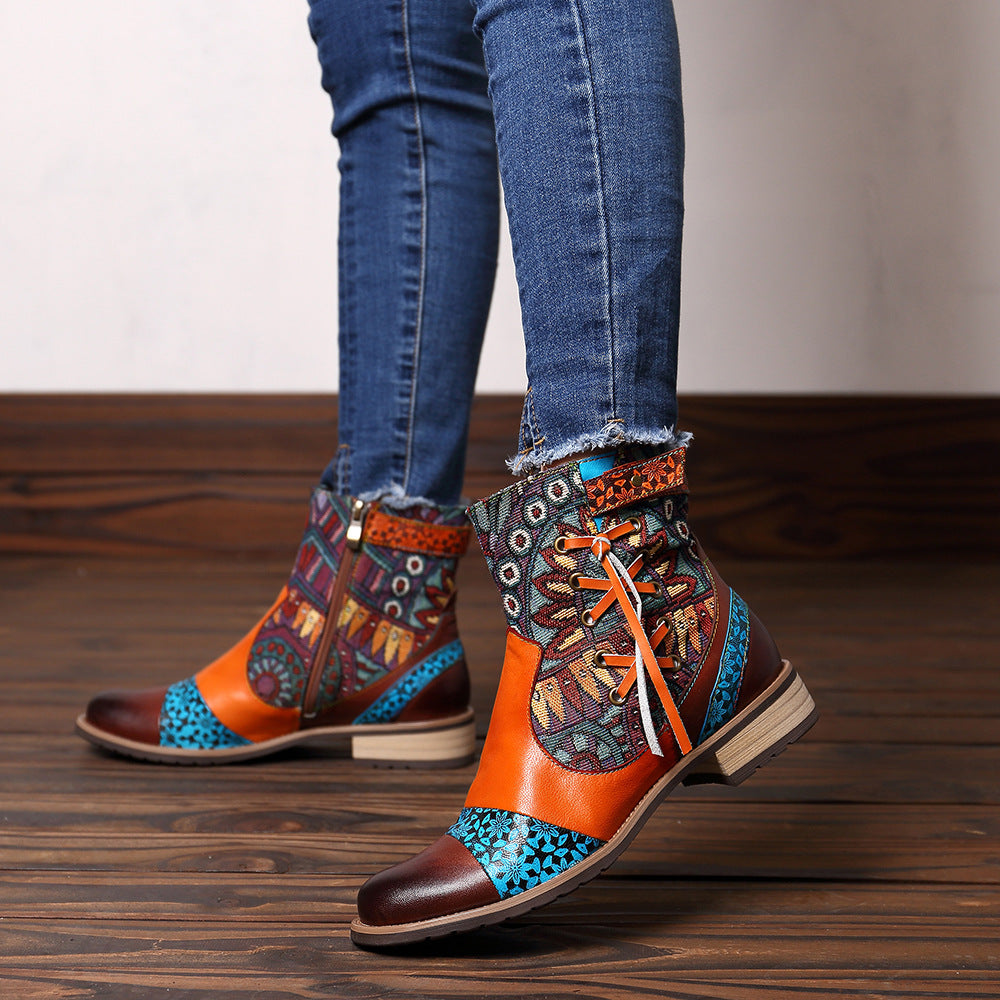 Women's Printed Leather Jacquard Ankle Boots Zipper Non-slip Low Boots