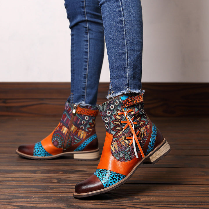 Women's Printed Leather Jacquard Ankle Boots Zipper Non-slip Low Boots
