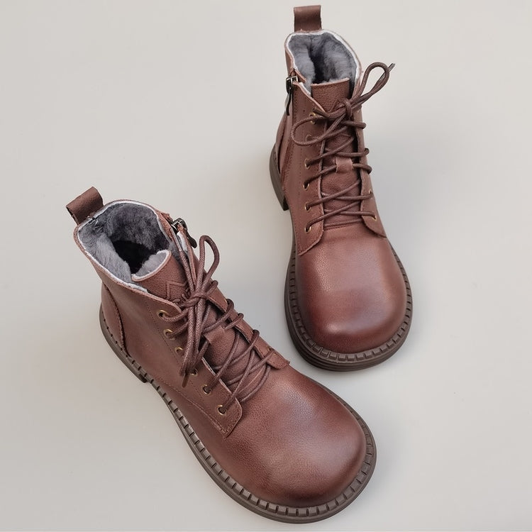 Women's Vintage Wide Toe Leather Shearling Boots – Cozy Winter Ankle Style