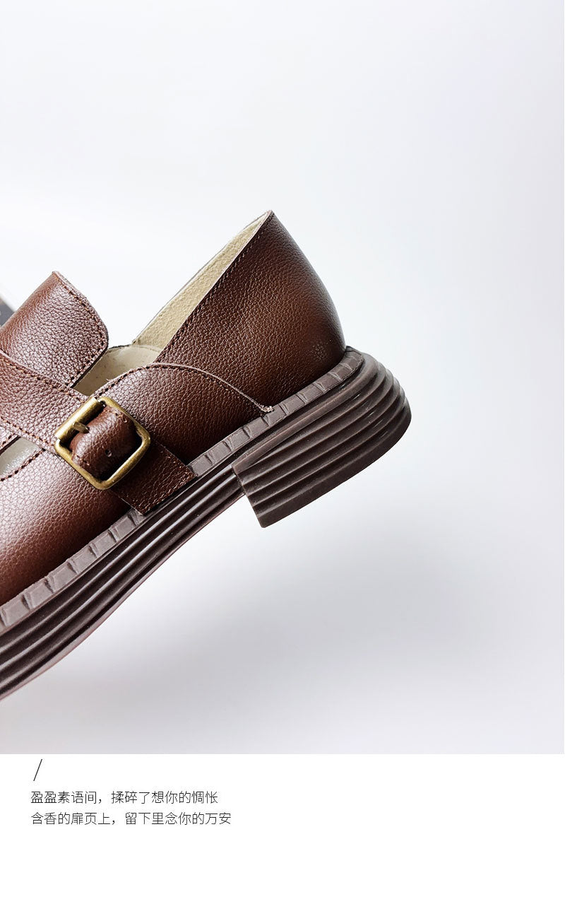 Women's Retro Top-Grain Leather Loafers Slip On Buckle Strap Casual Shoes