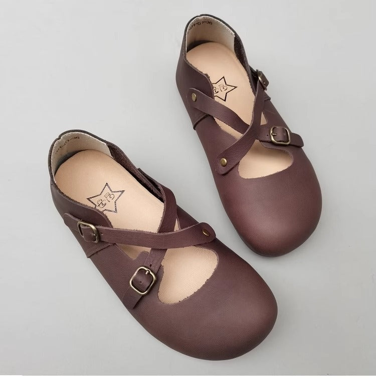 Women's Hidden Wedge Heel Shoes - Handmade Vintage Style with Cross Strap Buckle
