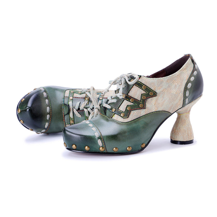 Vintage Inspired Leather Heeled Oxfords for Women - Studded Pointed Toe Lace-up Shoes