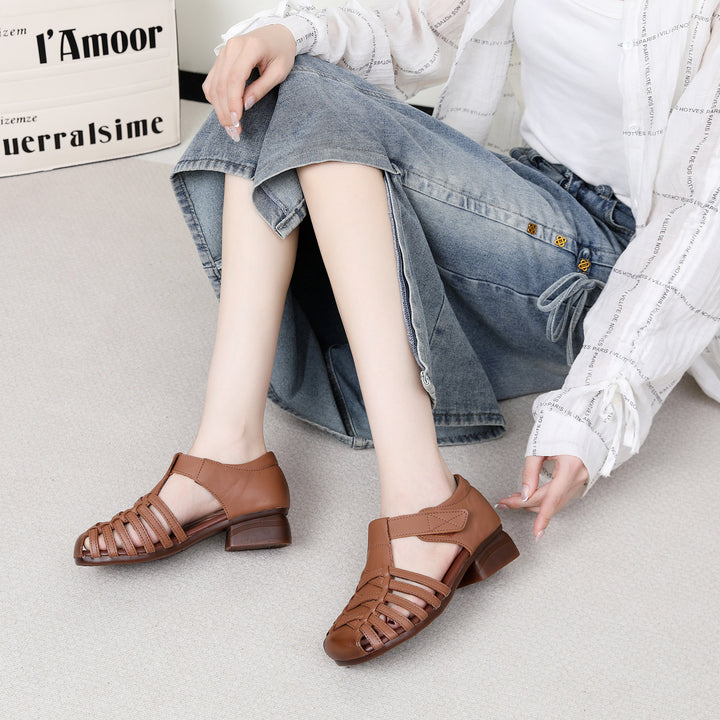 Women's Leather Fisherman Sandals - Vintage Interlocking Woven Closed Round Toe with Velcro