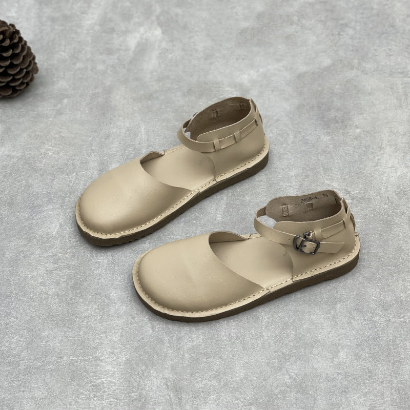 Women's Soft Leather Mary Janes - Round Toe Adjustable Ankle Buckle Strap Flat Sandals Casual Walking Shoes